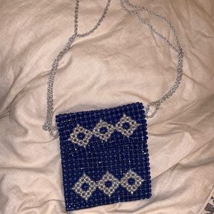 Unique, beaded & lined vintage blue handbag